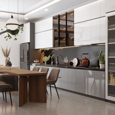 TỦ BẾP 03 - TỦ BẾP GỖ MELAMINE KẾT HỢP CÁNH KÍNH