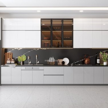 TỦ BẾP 03 - TỦ BẾP GỖ MELAMINE KẾT HỢP CÁNH KÍNH