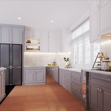 TỦ BẾP 07 - TỦ BẾP TONE MÀU XÁM TRẮNG ĐẸP