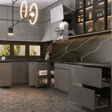 TỦ BẾP 08 - TỦ BẾP GIẢ VÂN ĐÁ MÀU XÁM KHÓI