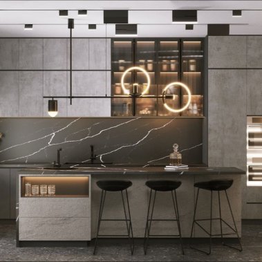 TỦ BẾP 08 - TỦ BẾP GIẢ VÂN ĐÁ MÀU XÁM KHÓI