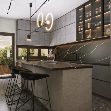 TỦ BẾP 08 - TỦ BẾP GIẢ VÂN ĐÁ MÀU XÁM KHÓI