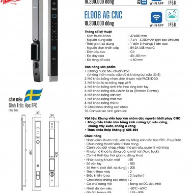 Khóa thông minh nhận diện khuôn mặt Face ID cửa nhôm sắt DEMAX EL908 AG CNC APP WIFI - chống nước