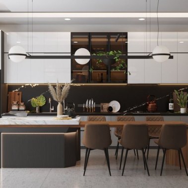 TỦ BẾP 112 - TỦ BẾP ACRYLIC TRẮNG PHỐI XÁM