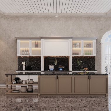 TỦ BẾP 11 - TỦ BẾP CÁNH PANEL NÂU TRẮNG