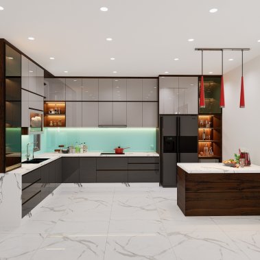 TỦ BẾP 141 - BẾP CHỮ L GỖ MDF PHỦ ACRYLIC