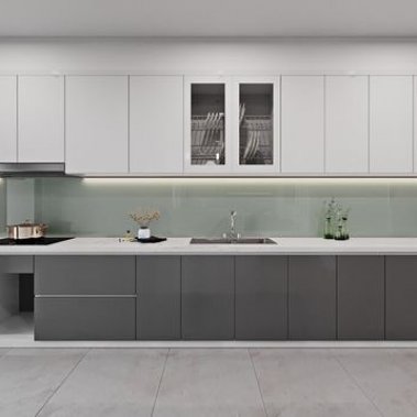 TỦ BẾP 15 - TỦ BẾP CHỮ I TRẮNG PHỐI XÁM