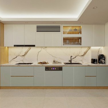 TỦ BẾP 144  - TỦ GỖ MDF PHỦ MELAMINE KẾT HỢP CÁNH NHÔM KÍNH