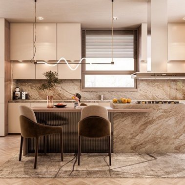 TỦ BẾP 120 LAMINATE TONE NÂU PHỐI ĐÁ SANG TRỌNG