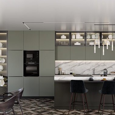 TỦ BẾP 158 - GỖ MDF CHỐNG ẨM PHỦ MELAMINE MÀU XANH KẾT HỢP CÁNH KÍNH