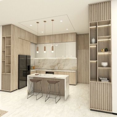 TỦ BẾP 69 - TỦ BẾP GỖ MDF MÀU TRẮNG PHỐI VÂN GỖ