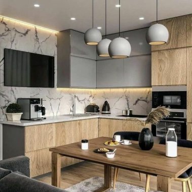 TỦ BẾP 59 - TỦ BẾP KỊCH TRẦN GỖ MDF VÂN GỖ PHỐI XÁM