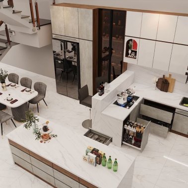 TỦ BẾP 113 - TỦ BẾP MELAMINE MÀU TRẮNG PHỐI MÀU BÊ TÔNG