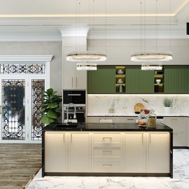 TỦ BẾP 131 LAMINATE CÁNH PANEL TONE XANH TRẮNG