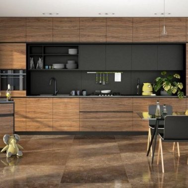 TỦ BẾP 63 - TỦ BẾP KỊCH TRẦN MÀU XÁM ĐẬM PHỐI VÂN GỖ