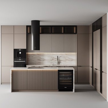 TỦ BẾP 115 - TỦ BẾP PANEL SƠN MÀU NÂU PHỐI CÁNH KÍNH