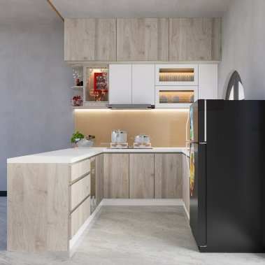 TỦ BẾP 143 - BẾP CHỮ L GỖ MDF PHỦ MELAMINE KẾT HỢP ACRYLIC