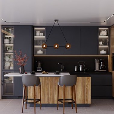 TỦ BẾP 152 - GỖ MDF CHỐNG ẨM PHỦ MELAMINE MÀU XÁM KẾT HỢP VÂN GỖ