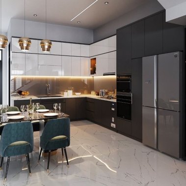 TỦ BẾP 111 - TỦ BẾP TRẮNG PHỐI XÁM