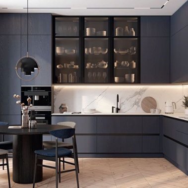 TỦ BẾP 83 - TỦ BẾP MELAMINE XÁM PHỐI CÁNH KÍNH