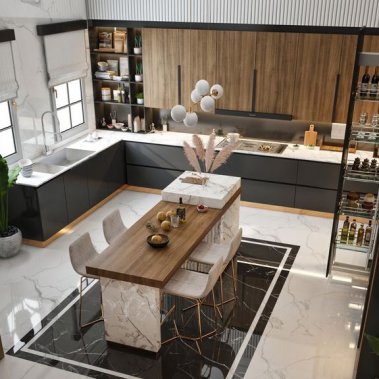 TỦ BẾP 84 - TỦ BẾP MELAMINE VÂN GỖ PHỐI MÀU XÁM