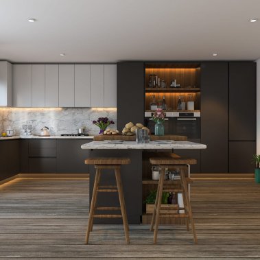 TỦ BẾP 95 - TỦ BẾP GỖ MDF TRẮNG PHỐI XÁM