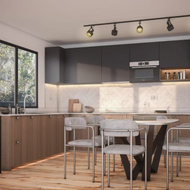 TỦ BẾP 97 - TỦ BẾP GỖ MDF MÀU XÁM PHỐI VÂN GỖ