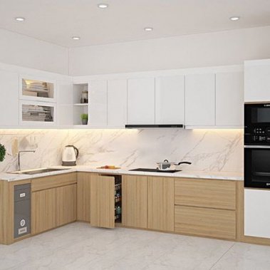 TỦ BẾP 100 - TỦ BẾP MELAMINE TRẮNG PHỐI VÂN GỖ