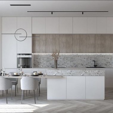 TỦ BẾP 37 - TỦ BẾP KỊCH TRẦN MELAMINE TRẮNG PHỐI VÂN GỖ