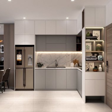 TỦ BẾP 64 - TỦ BẾP KỊCH TRẦN MÀU TRẮNG PHỐI XÁM