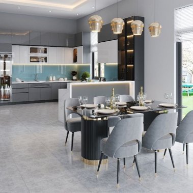 TỦ BẾP 61 - TỦ BẾP KỊCH TRẦN ACRYLIC TRẮNG PHỐI XÁM