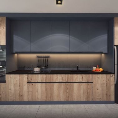 TỦ BẾP 65 - TỦ BẾP GỖ MDF VÂN GỖ PHỐI MÀU XÁM ĐẬM