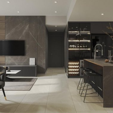 TỦ BẾP 105 - TỦ BẾP MELAMINE VÂN GỖ VÀ XÁM PHỐI CÁNH KÍNH