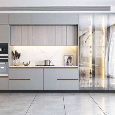 TỦ BẾP 17 - TỦ BẾP MELAMINE KẾT HỢP TỦ KÍNH