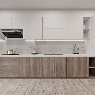 TỦ BẾP 72 - TỦ BẾP MELAMINE MÀU TRẮNG PHỐI VÂN GỖ