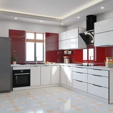 TỦ BẾP 32 - TỦ BẾP MELAMINE TRẮNG KÍNH ĐỎ