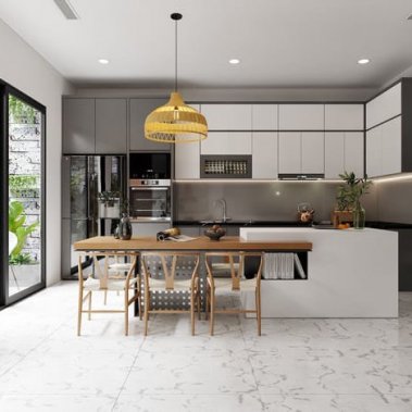 TỦ BẾP 88 - TỦ BẾP MELAMINE XÁM NHẠT PHỐI TRẮNG