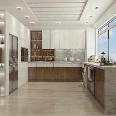 TỦ BẾP 66 - TỦ BẾP GỖ MDF MÀU TRẮNG PHỐI VÂN GỖ