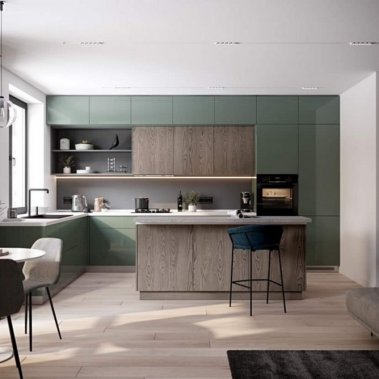 TỦ BẾP 77 - TỦ BẾP MELAMINE MÀU XANH PHỐI VÂN GỖ