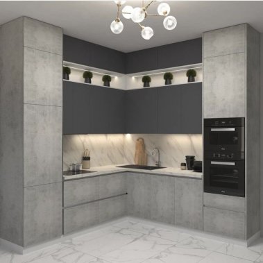 TỦ BẾP 67 - TỦ BẾP KỊCH TRẦN GỖ MDF MÀU XÁM PHỐI MÀU BÊ TÔNG