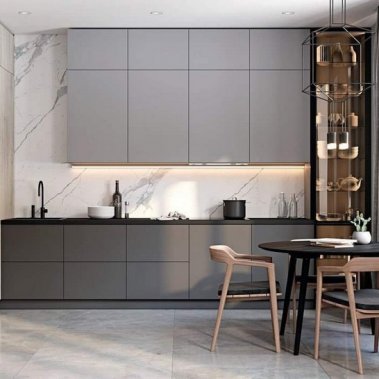 TỦ BẾP 78 - TỦ BẾP MELAMINE MÀU XÁM PHỐI CÁNH KÍNH