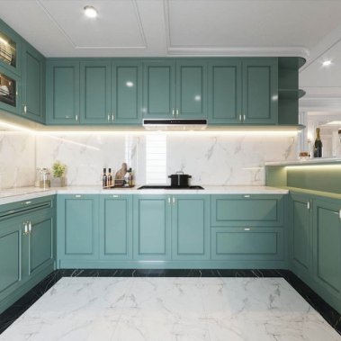 TỦ BẾP 12 - CÁNH PANEL TRẮNG XANH CỔ ĐIỂN