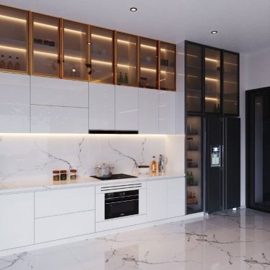 TỦ BẾP 14 - TỦ BẾP MELAMINE CÁNH KÍNH GỖ MDF CHỐNG ẨM