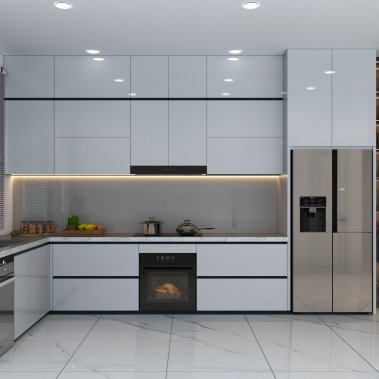 TỦ BẾP 142 - BẾP CHỮ L CAO KỊCH TRẦN GỖ MDF PHỦ ACRYLIC BÓNG GƯƠNG MÀU TRẮNG