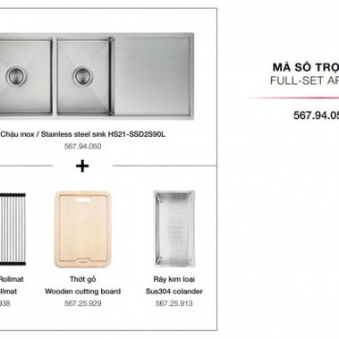 Bộ hoàn chỉnh, Chậu rửa inox HS21-SSD2S90L và các phụ kiện 567.94.059