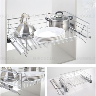 Kệ xoong nồi inox nan âm tủ - gắn cánh, ray giảm chấn Eurogold EG6160