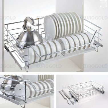 Kệ bát đĩa inox nan âm tủ - gắn cánh, ray giảm chấn Eurogold EG6260