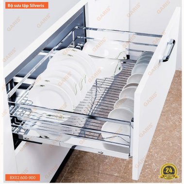 Giá bát đĩa xoong nồi inox nan vuông - Cánh kéo, ray trượt giảm chấn BX02