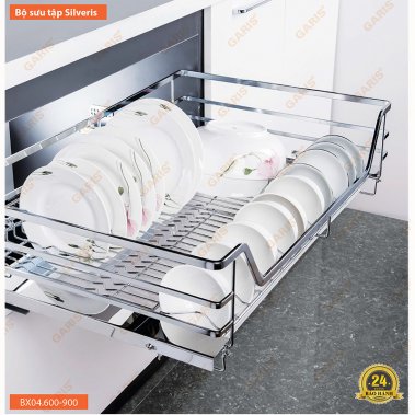 Giá bát đĩa xoong nồi inox nan vuông - Cánh mở, ray trượt giảm chấn BX04