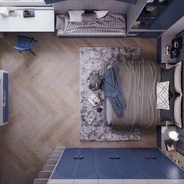 PHÒNG NGỦ CHO BÉ TRAI GỖ MDF CHỐNG ẨM SƠN MÀU XANH KẾT HỢP XÁM